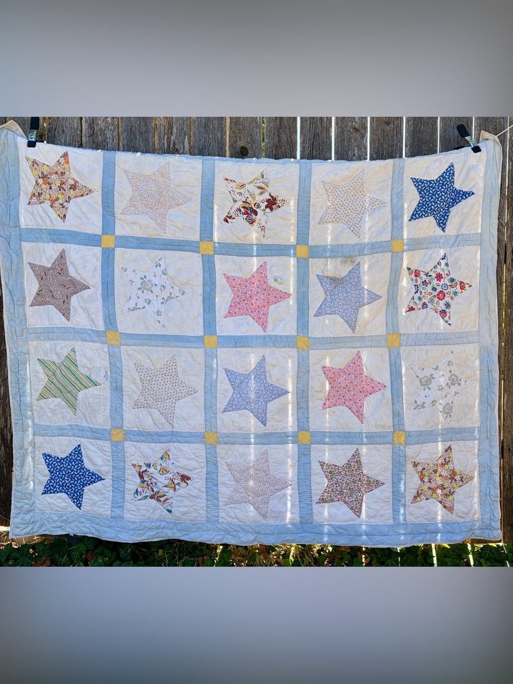 Antique Handmade Patchwork Star Quilt in Blue, Pink, & Yellow-62x78”